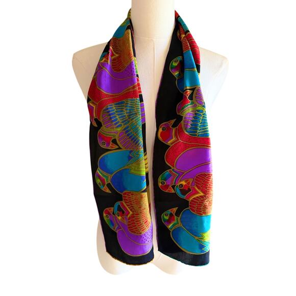 Lauren Burch Vibrant Birds Silk Scarf Multicolor Art Deco Tropical Print Black - Picture 7 of 7